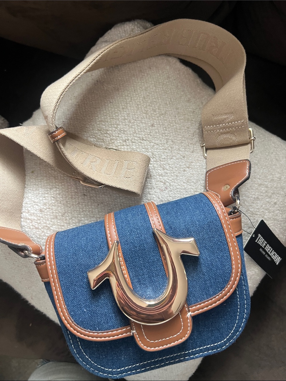 True Religion Denim Crossbody with Tan Trim and Gold Accent